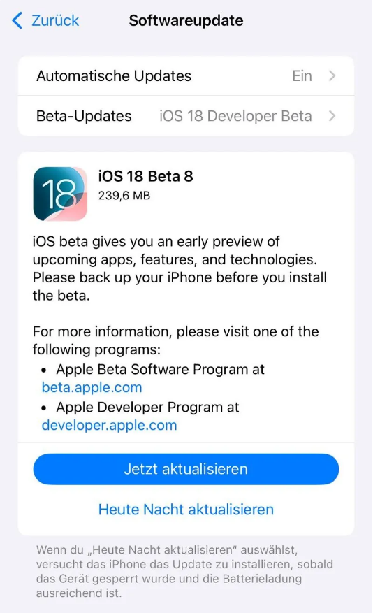 化德苹果手机维修分享苹果 iOS / iPadOS 18 开发者预览版 Beta 8 发布 